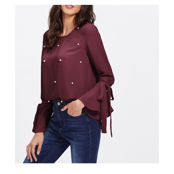 Burgundy Red Bow Sleeve Pearl Embellished Blouse - Picture 2 of 8